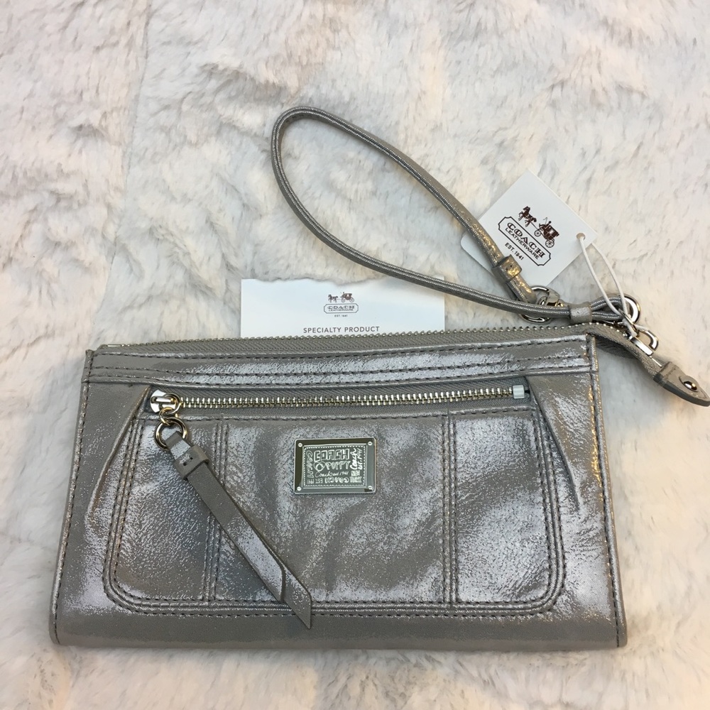 COACH Poppy Silver Metallic Wristlet Wallet Clutch